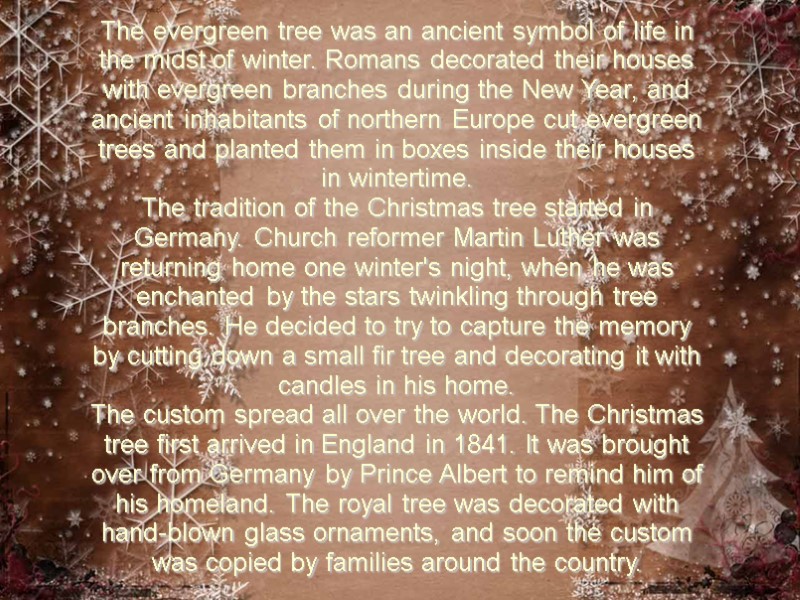 The evergreen tree was an ancient symbol of life in the midst of winter.